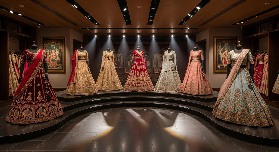 Handcrafted bridal lehengas on mannequins in a luxury Indian designer boutique, Jaipur style