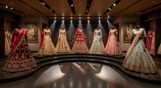 Handcrafted bridal lehengas on mannequins in a luxury Indian designer boutique, Jaipur style