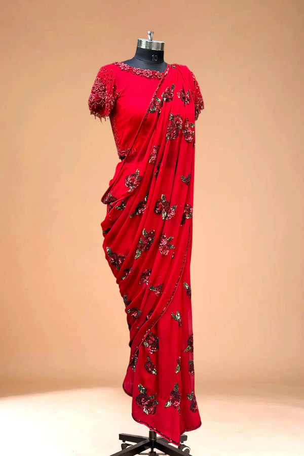 Red designer saree with sequin floral embroidery on mannequin, luxury Indian ethnic wear