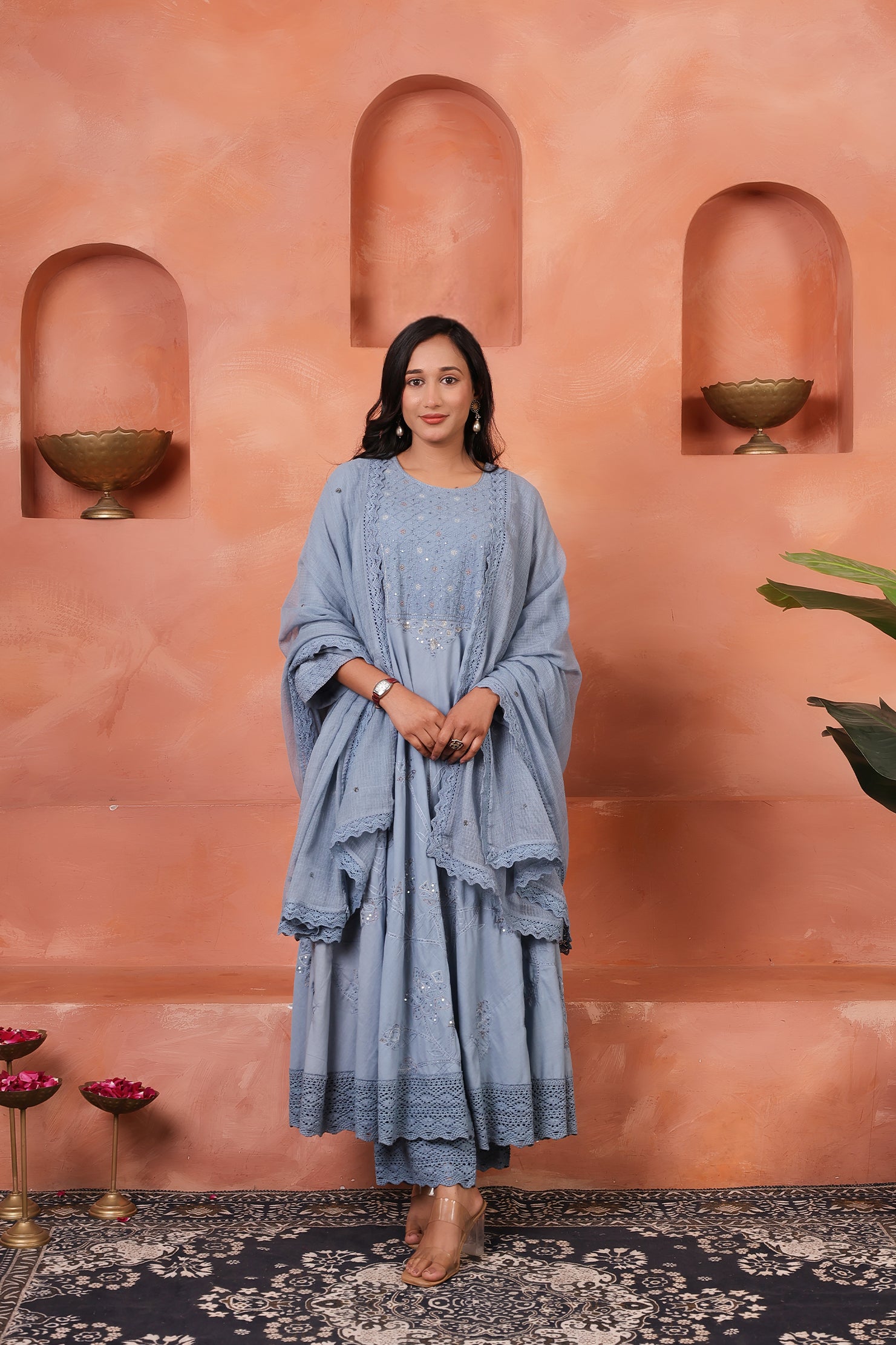 Nazakat-e-Utsavi - Fine Cotton Anarkali Kurta Set | Chikankari & Aari Fusion