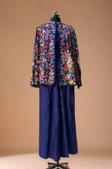 Navy blue ethnic gown with floral embroidered jacket on mannequin, luxury Indian dress