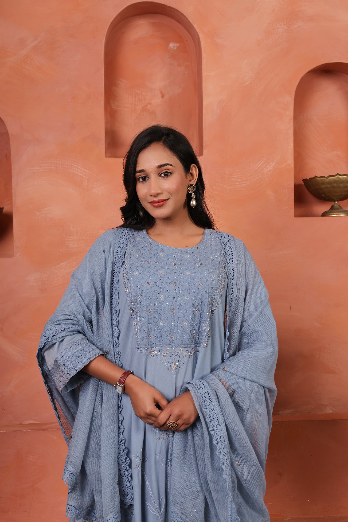 Nazakat-e-Utsavi - Fine Cotton Anarkali Kurta Set | Chikankari & Aari Fusion