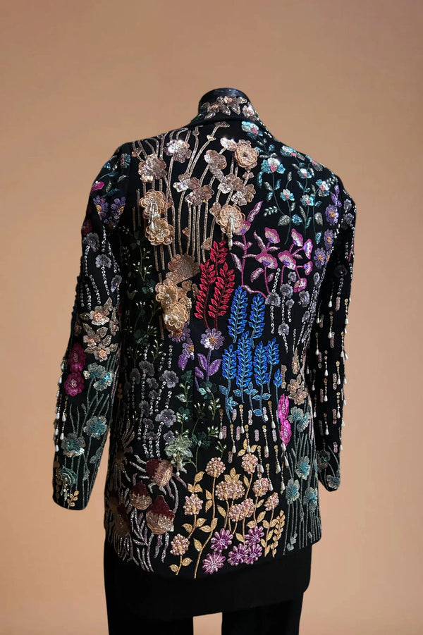 Black blazer with multicolor floral embroidery, intricate designer ethnic wear