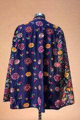 Navy blue designer cape with multicolor floral embroidery, luxury Indian ethnic wear
