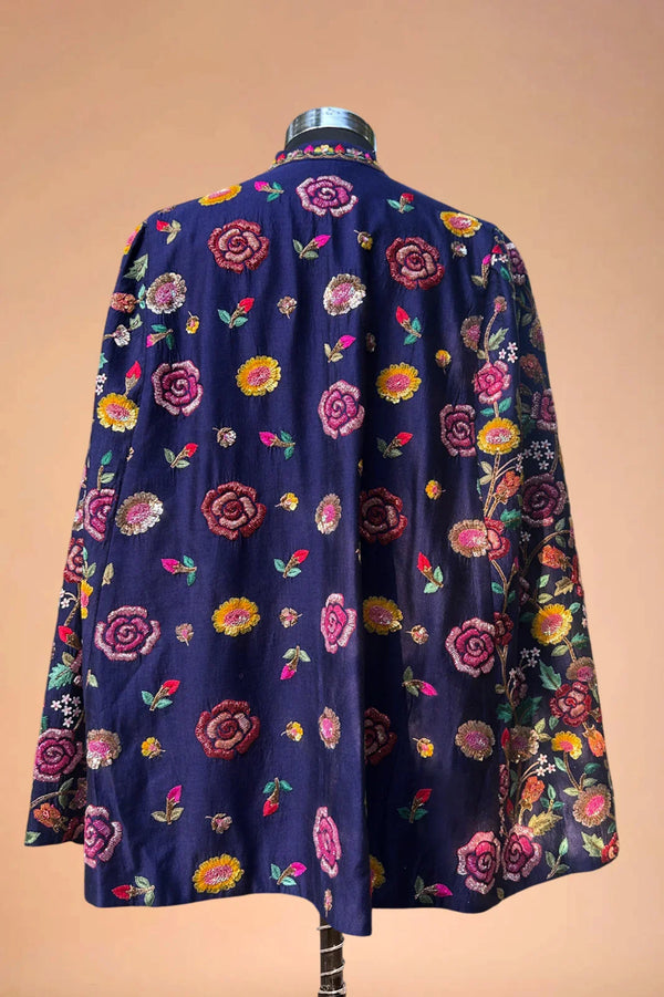 Navy blue designer cape with multicolor floral embroidery, luxury Indian ethnic wear