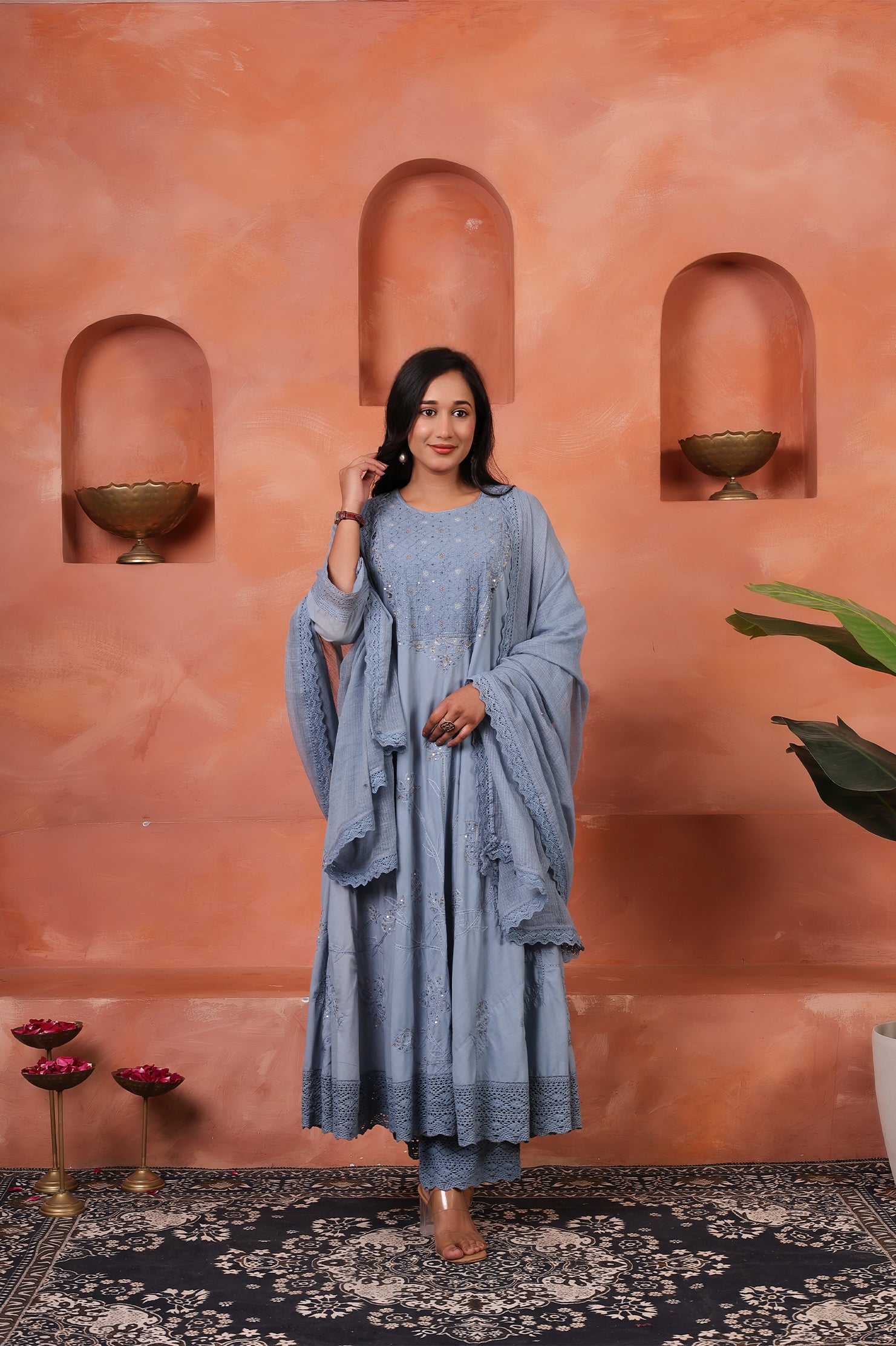 Nazakat-e-Utsavi - Fine Cotton Anarkali Kurta Set | Chikankari & Aari Fusion