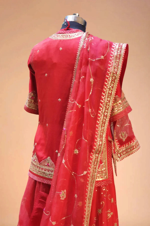 Back view of a red Indian designer lehenga with gold embroidery and net dupatta