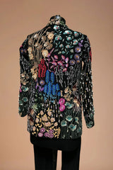 Black designer blazer with colorful floral embroidery, luxury Indian ethnic wear