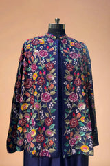 Navy blue blazer with multicolor floral embroidery, Indian designer ethnic jacket