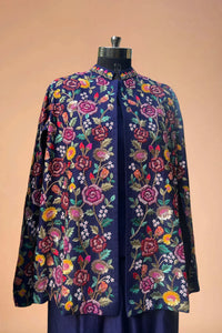 Navy blue blazer with multicolor floral embroidery, Indian designer ethnic jacket