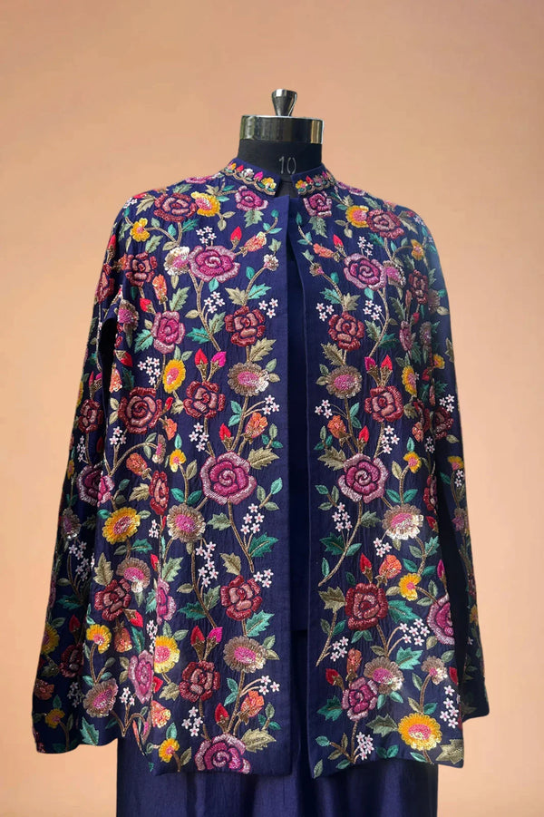 Navy blue blazer with multicolor floral embroidery, Indian designer ethnic jacket