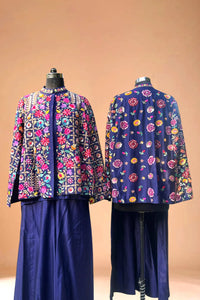 Navy blue ethnic blazer with vibrant multicolor floral embroidery, front and back view
