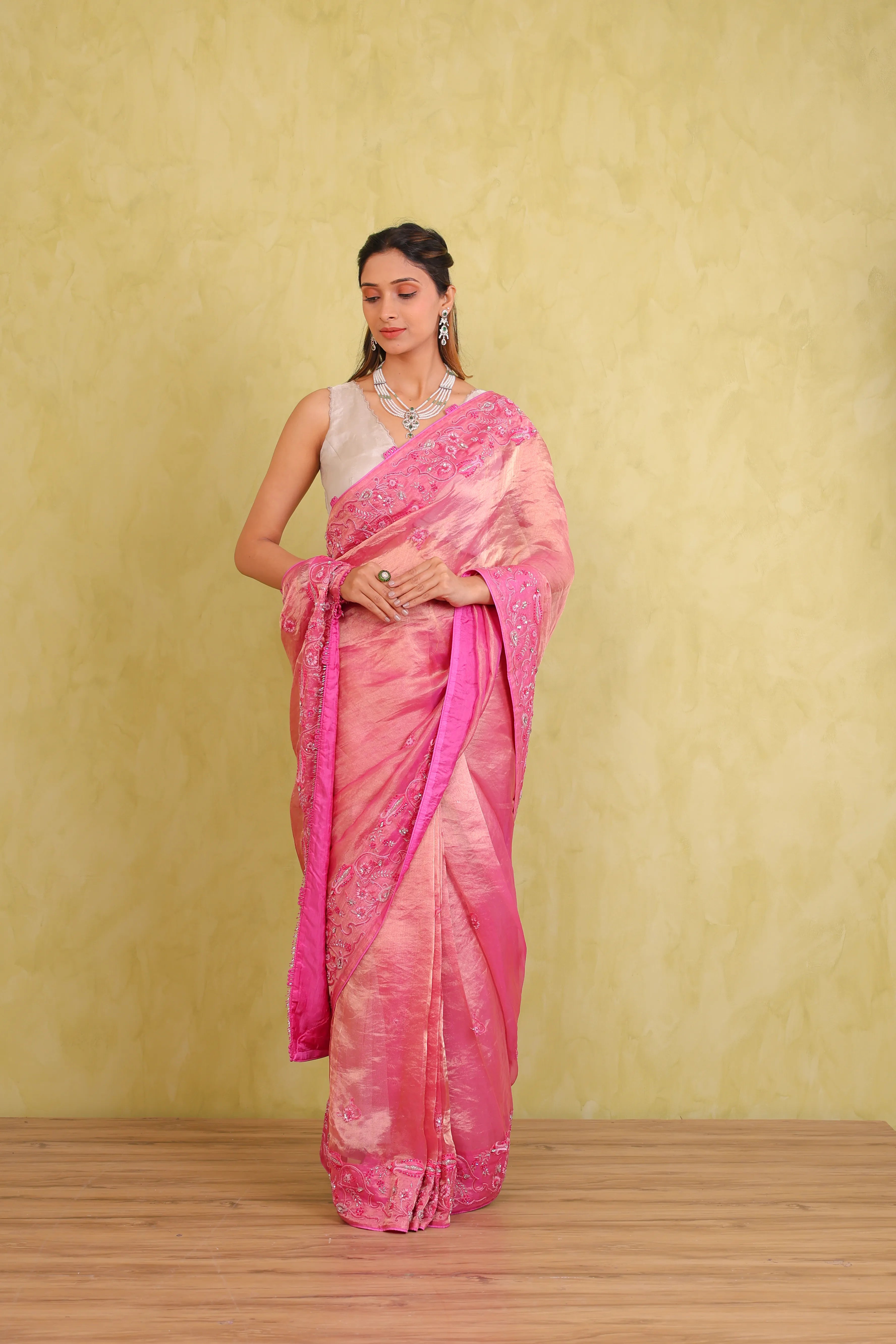 Noor-e-AmbiyaNoor-e-Ambiya – Handcrafted Silk Tissue Organza Embroidered Saree