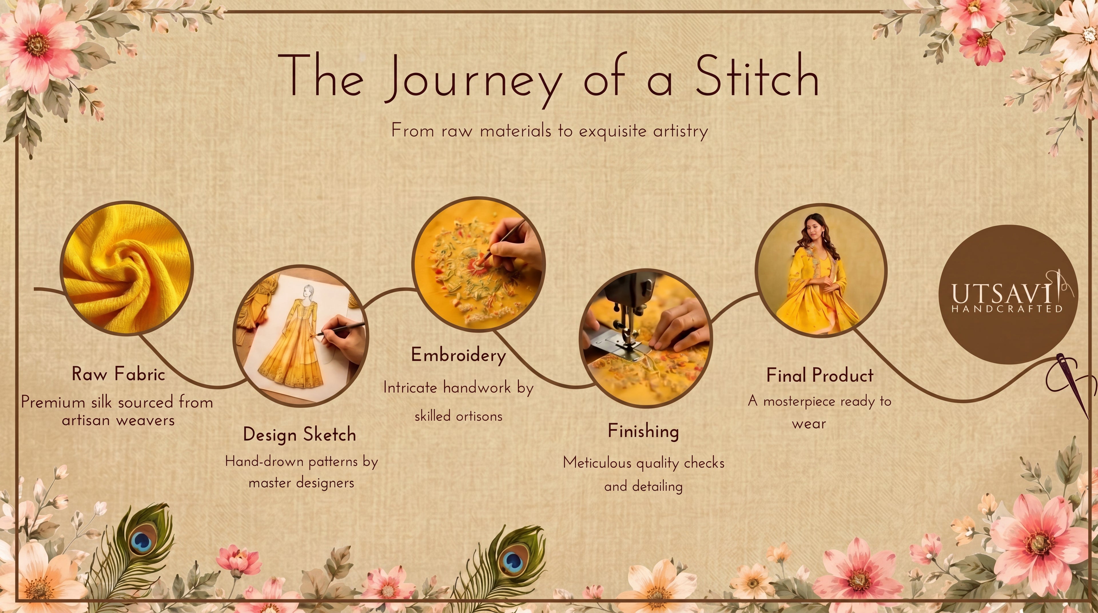Diagram of the embroidery process with Utsavi Handcrafted branding