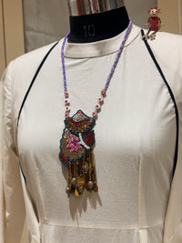 Gulistan handcrafted textile necklace front view over a light garment | Utsavi by Shilpa