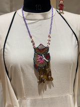 Gulistan handcrafted textile necklace alternate front view over a light garment | Utsavi by Shilpa