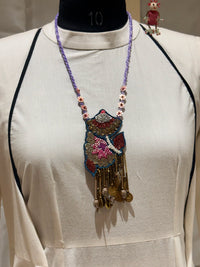Gulistan handcrafted textile necklace alternate front view over a light garment | Utsavi by Shilpa