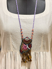Gulistan handcrafted textile necklace full-length view over a light garment | Utsavi by Shilpa