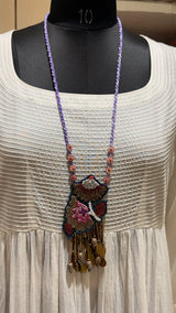 Gulistan handcrafted textile necklace alternate full-length view over a light garment | Utsavi by Shilpa