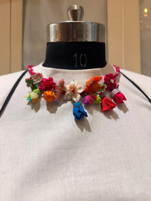 Manjari handcrafted textile necklace close view on a mannequin | Utsavi by Shilpa