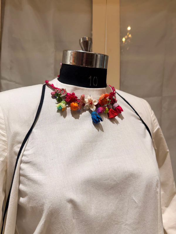 Manjari handcrafted textile necklace alternate front view on a mannequin | Utsavi by Shilpa