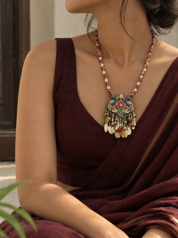Mayur handcrafted textile necklace worn with a dark outfit | Utsavi by Shilpa