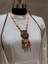 Nisha handcrafted textile necklace front view on a light mannequin | Utsavi by Shilpa