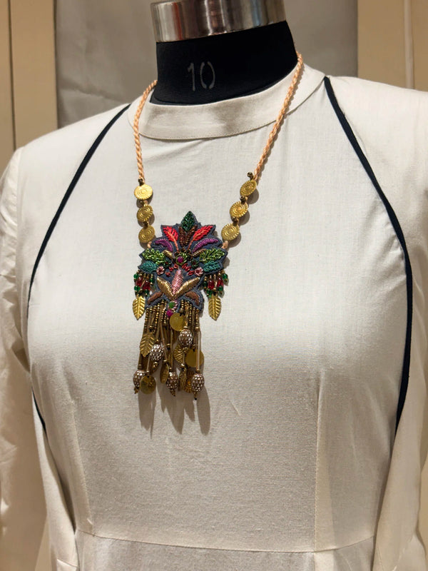 Pallava handcrafted textile necklace alternate front view over a light garment | Utsavi by Shilpa