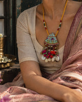 Pallavi handcrafted textile necklace worn with a cream sari | Utsavi by Shilpa