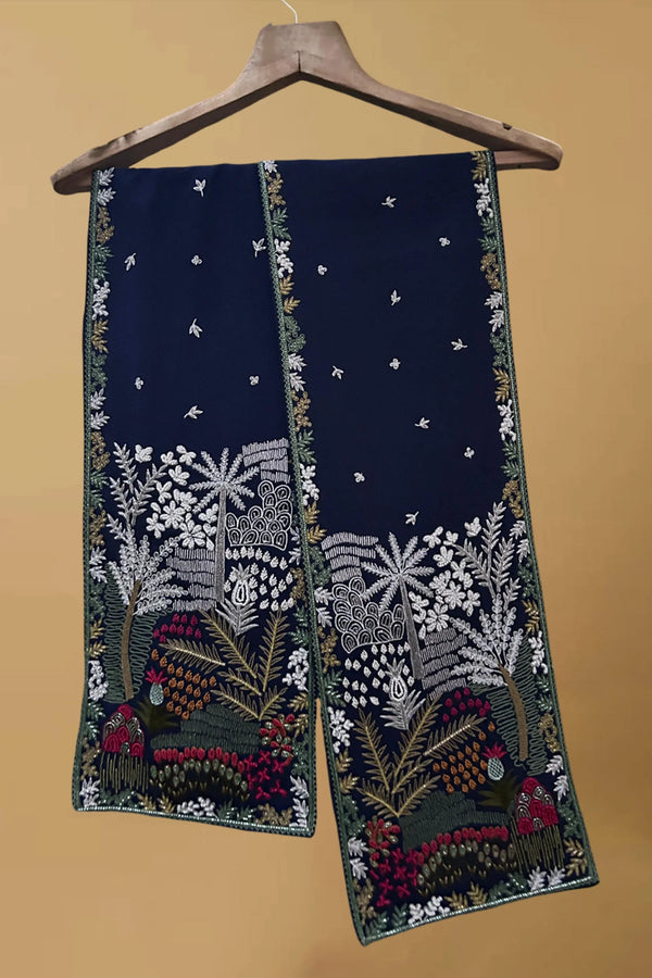 Navy blue pashmina shawl with intricate multicolor floral and botanical embroidery, hanging on a wooden hanger.