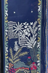 Navy blue pashmina shawl with colorful floral embroidery and botanical patterns