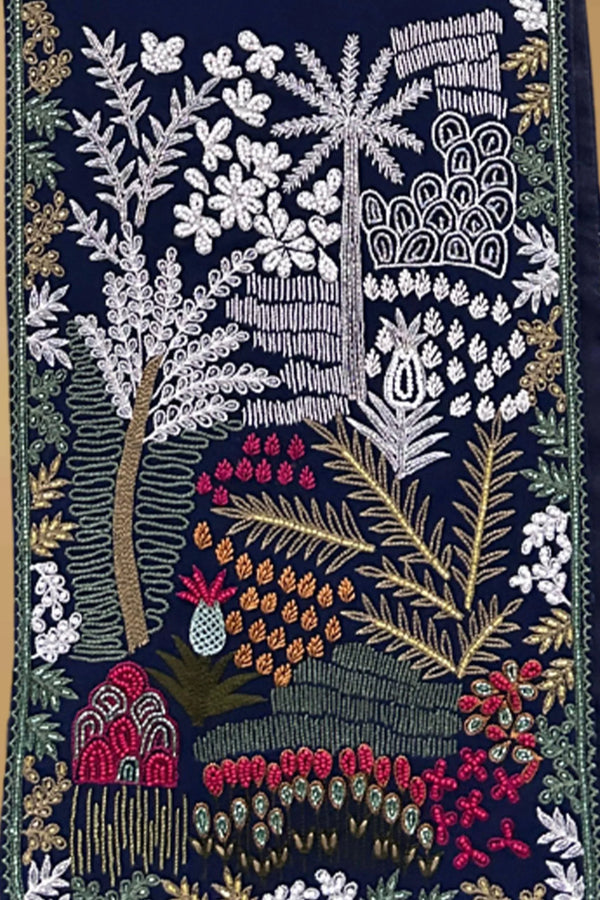Navy blue pashmina shawl with intricate multicolor floral and nature embroidery