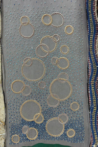 Grey pashmina shawl with gold embroidered circles and blue beaded detailing