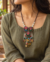 Triveni handcrafted textile necklace worn with a muted green outfit | Utsavi by Shilpa