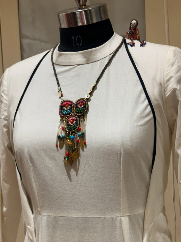 Triveni handcrafted textile necklace front view over a light garment | Utsavi by Shilpa