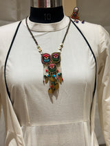 Triveni handcrafted textile necklace alternate front view over a light garment | Utsavi by Shilpa