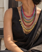 Vinyas handcrafted textile necklace worn with a dark outfit | Utsavi by Shilpa