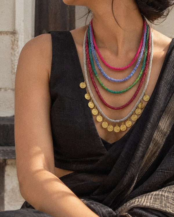Vinyas handcrafted textile necklace worn with a dark outfit | Utsavi by Shilpa