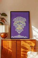 Floral vase wall art with purple background in modern living room decor
