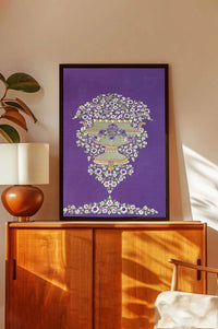 Floral vase wall art with purple background in modern living room decor